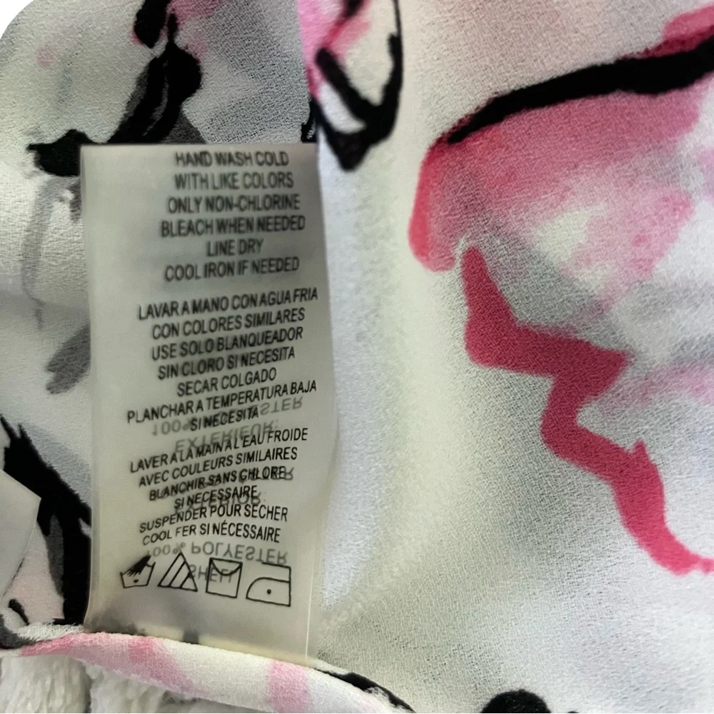 Karl Lagerfeld Pink and Black Floral Cold Shoulder Pearl Tie Accent Top